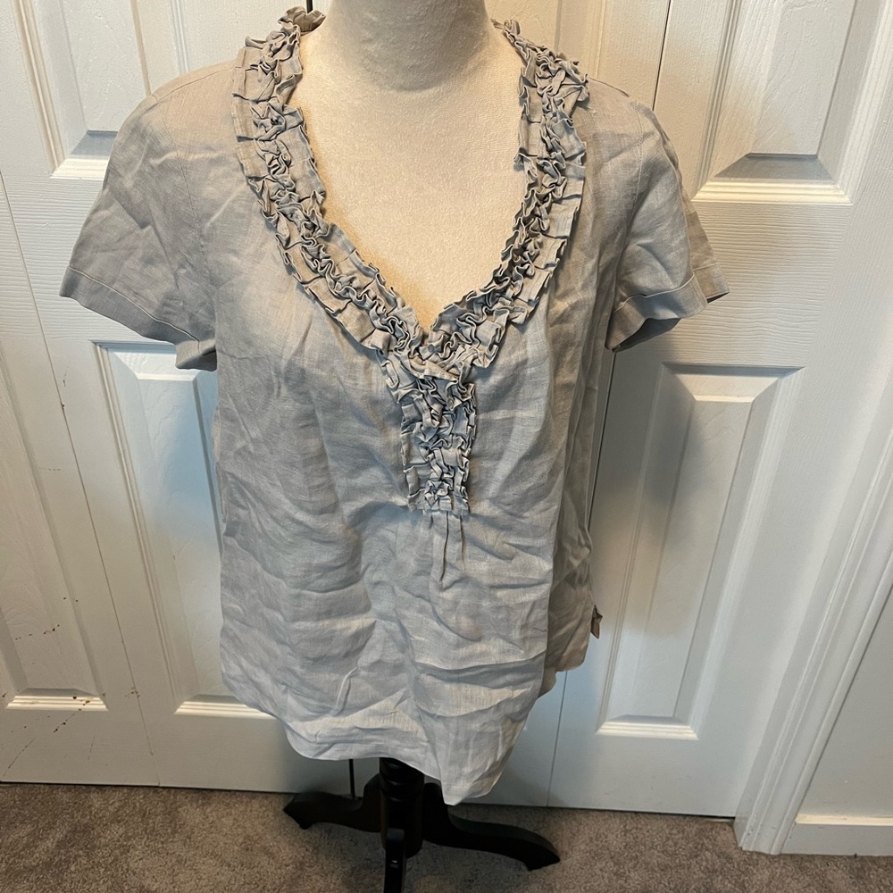 Talbots size 8 100% Linen Elegant Gray Ruffled Women's Top